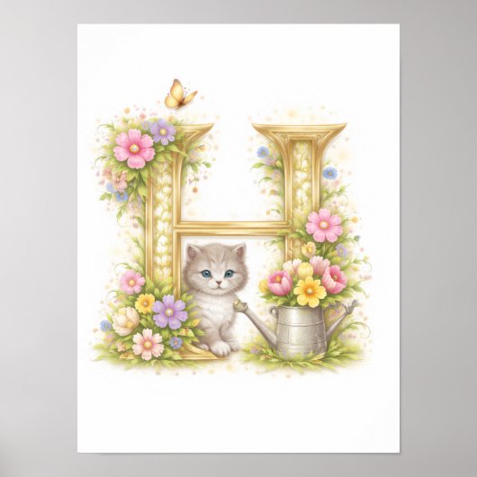 イニシャル「H」金色の花と子猫のぬいぐるみ 乳幼児向け名前入りグッズ ポスター (正面)