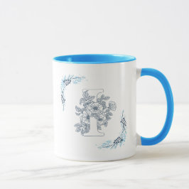 イニシャル"I" ブルーモノグラム　穏やかなフラワープリントのコーヒー マグカップ