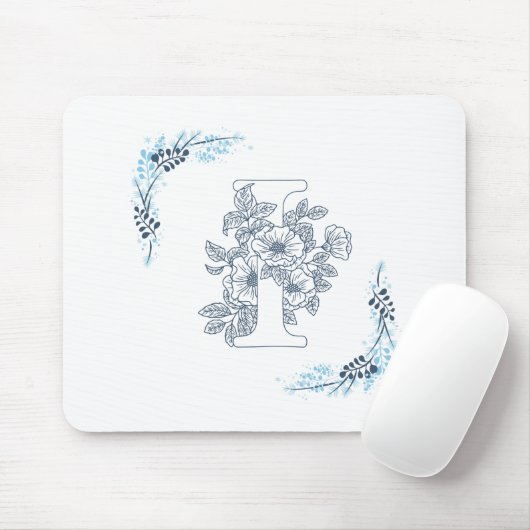 イニシャル「I」ブルーモノグラム 穏やかな花々 マウスパッド (マウス)