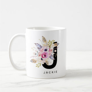 イニシャル「J」のアルファベットのマグのモノグラムのBohoの水彩画 コーヒーマグカップ