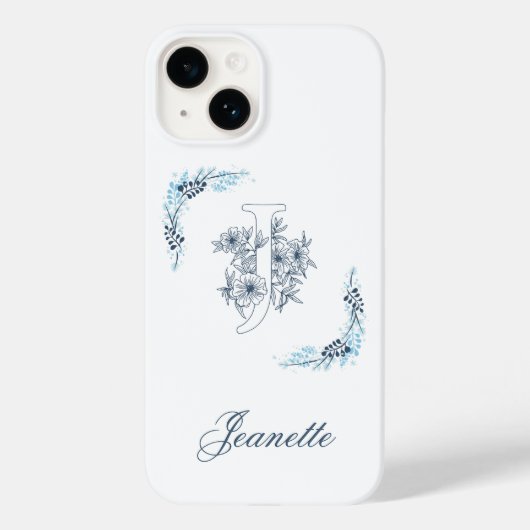 イニシャル"J"青いモノグラムの落ち着いた花柄 Case-Mate iPhoneケース (裏面)