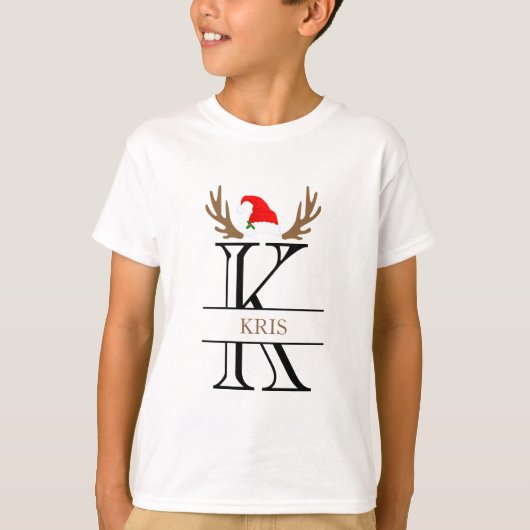イニシャル K の鹿の角 クリスマス Tシャツ (正面)