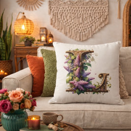 イニシャル「L」 -エレガント薄紫フローラデザイン クッション