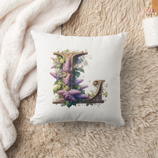 イニシャル「L」 -エレガント薄紫フローラデザイン クッション (ブランケット)