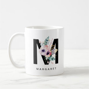イニシャル「M」のアルファベットのマグのモノグラムのBohoの水彩画 コーヒーマグカップ