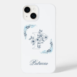 イニシャル「P」青いモノグラムの落ち着いた花柄 Case-Mate iPhone 14ケース