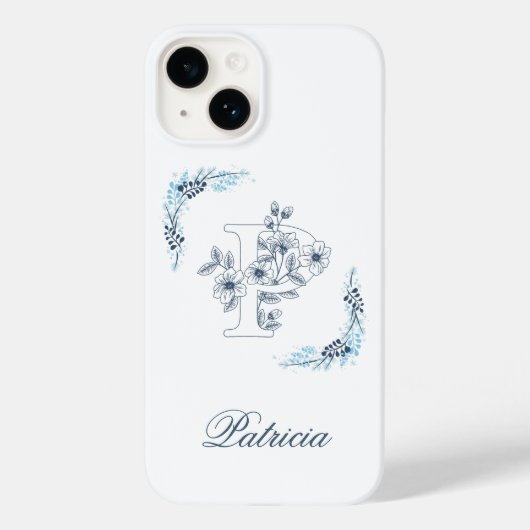 イニシャル「P」青いモノグラムの落ち着いた花柄 Case-Mate iPhoneケース (裏面)