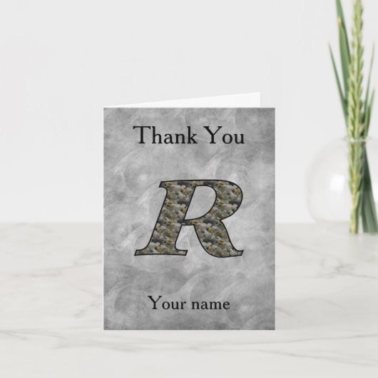 イニシャル「R」入りアジサイのお花のモノグラムデザイン サンキューカード (正面)