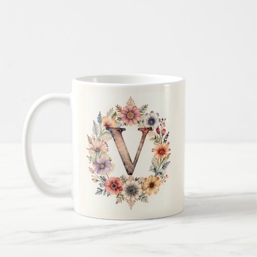 イニシャル V フラワー ボホ フラワーモチーフ マグカップ (左)
