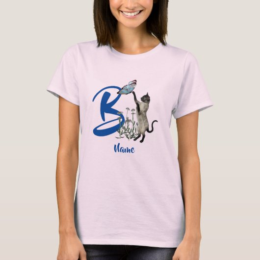 イニシャルBの猫と蝶のモノグラム オーダーメイド Tシャツ (正面)