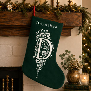 イニシャルDの植物モノグラム刺繍ストックキング スモールクリスマスストッキング
