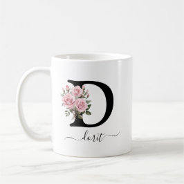 イニシャルD ピンクバラ 花 フラワー モノグラム 名前 コーヒーマグカップ