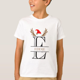 イニシャルEサンタ帽子トナカイアンテナ Tシャツ