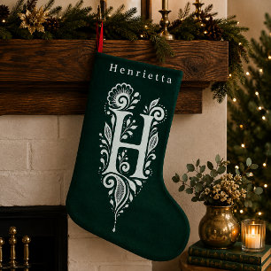 イニシャルHの植物モノグラム刺繍入りクリスマスソックス スモールクリスマスストッキング