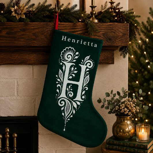 イニシャルHの植物モノグラム刺繍入りクリスマスソックス スモールクリスマスストッキング