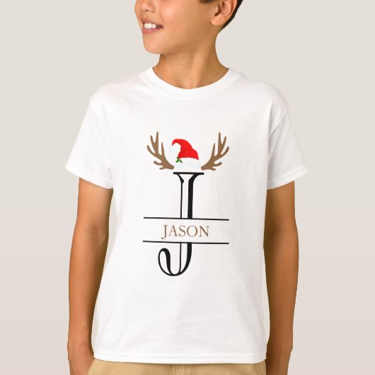 イニシャルJサンタ帽子とツノのカスタムTシャツ Tシャツ (正面)