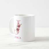 イニシャルJ ブルゴーニュピンクの花 コーヒーマグカップ (正面左)