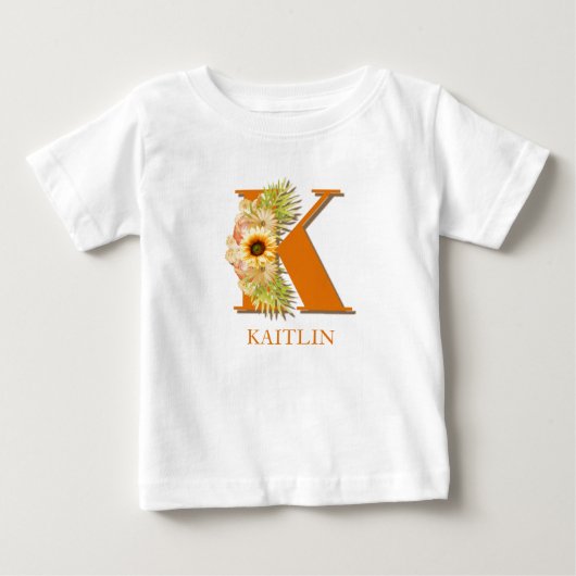 イニシャルKのひまわりフラワーモノグラム 名入れ ベビーTシャツ (正面)