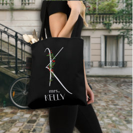 イニシャルKモノグラム水彩赤フローラ先生 トートバッグ