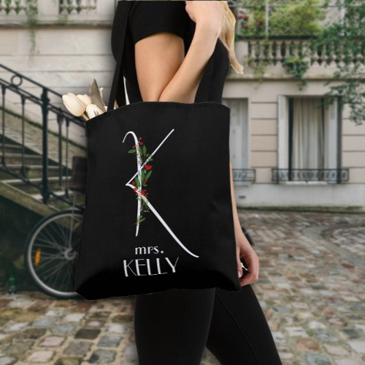 イニシャルKモノグラム水彩赤フローラ先生 トートバッグ