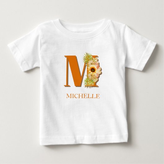 イニシャルMのひまわりフラワーモノグラムと名前 ベビーTシャツ (正面)