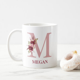 イニシャルMのブルゴーニュとサーモンピンクの花柄 コーヒーマグカップ