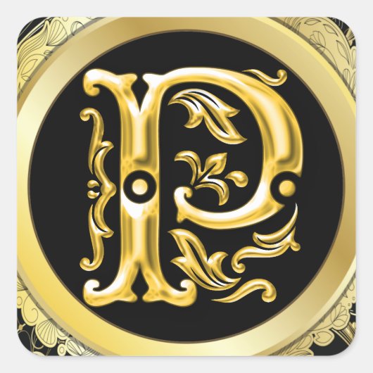 イニシャルPスクエアステッカー金ゴールド スクエアシール (正面)