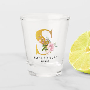 イニシャルSの誕生日フラワーモノグラム 名前入りギフト ショットグラス