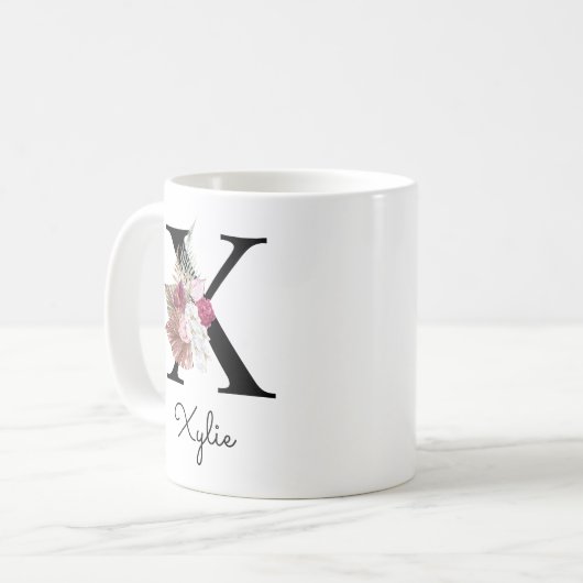 イニシャルS ピンク ボヘミアンスタイル 花柄 コーヒーマグカップ (正面左)