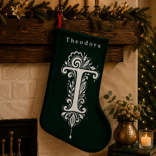 イニシャルTのボタニカルモノグラム刺繍入りクリスマス・ストッキング スモールクリスマスストッキング