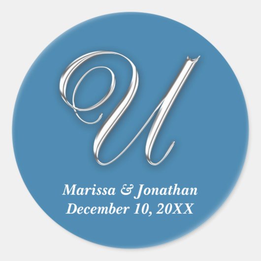 イニシャルUブルーモノグラム名前をカスタムするの好意シール ラウンドシール (正面)