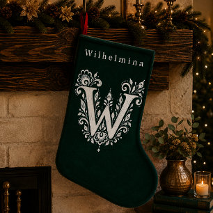 イニシャルWの植物モノグラム刺繍ストックキング スモールクリスマスストッキング