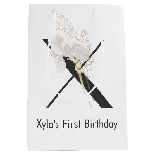 イニシャルXソフトカラー花付き ミディアムペーパーバッグ (正面)