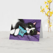 イヌハッカの枕-猫の芸術を持つ黒く及び白い猫 カード (黄色い花)