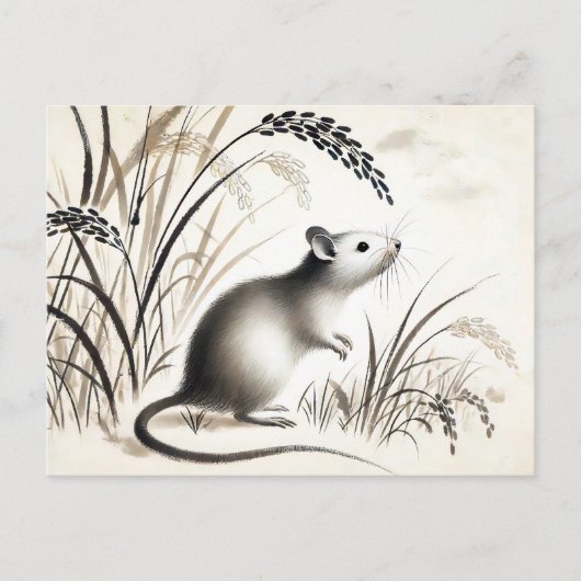 イネの下の狡猾なネズミ。インク〔占星術の〕十二宮図 シーズンポストカード (正面)