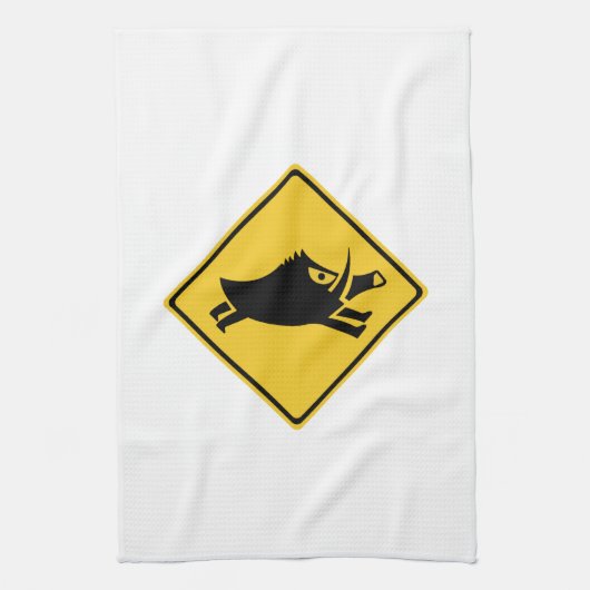 イノシシ、交通標識、日本の用心して下さい キッチンタオル (縦)