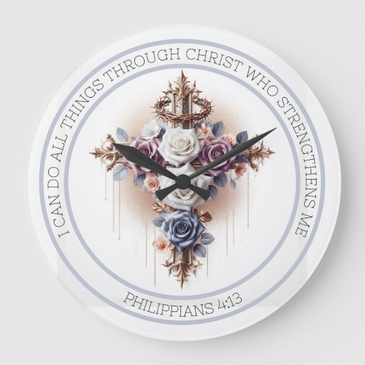 イバラの王冠と十字架、バラ、聖書の聖句 ラージ壁時計 (正面)