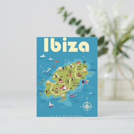 イビサ図解入りの、写真付きのの地図 ポストカード (スタンド正面)