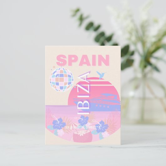 イビサ，スペイン，旅行アート名門私立校風の，アート，ピンク シーズンポストカード (スタンド正面)