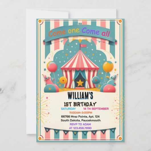イベントかわいいキッズカーニバルサーカスショー1st誕生日 招待状 (正面)