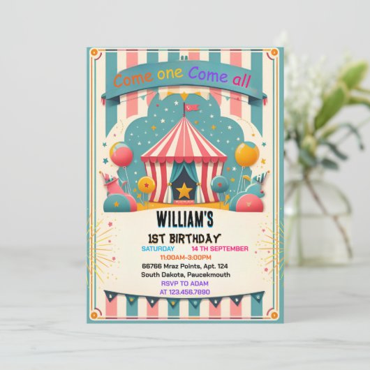 イベントかわいいキッズカーニバルサーカスショー1st誕生日 招待状 (スタンド正面)