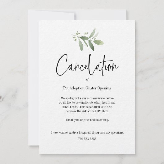 イベントの取り消し – COVID 19 招待状 (正面)