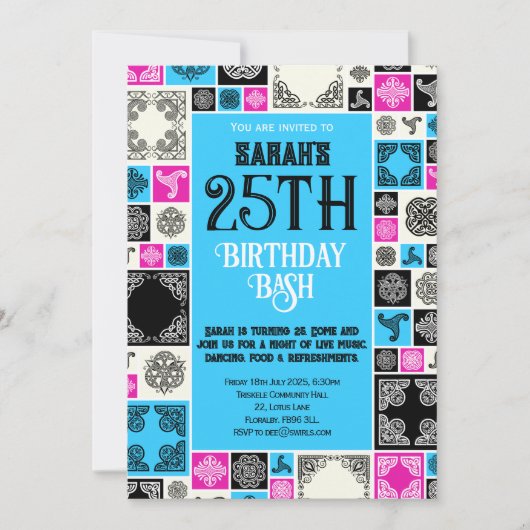 イベントの装飾タイルを追加するマゼンタブルー縁ど 招待状 (正面)