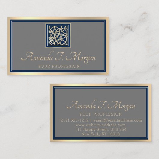 イベントウェディングプランナー金ゴールドフレームグレーブルーネイビー 名刺 (正面/裏面)