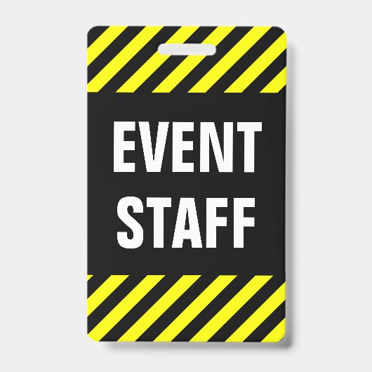 「イベントスタッフ」太字 + 黒と黄色のストライプ バッジ (正面)