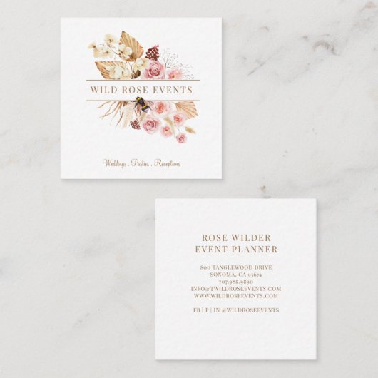 イベントプランナーエレガントピンクローズフローラスクエアブシ スクエア名刺 (正面/裏面)