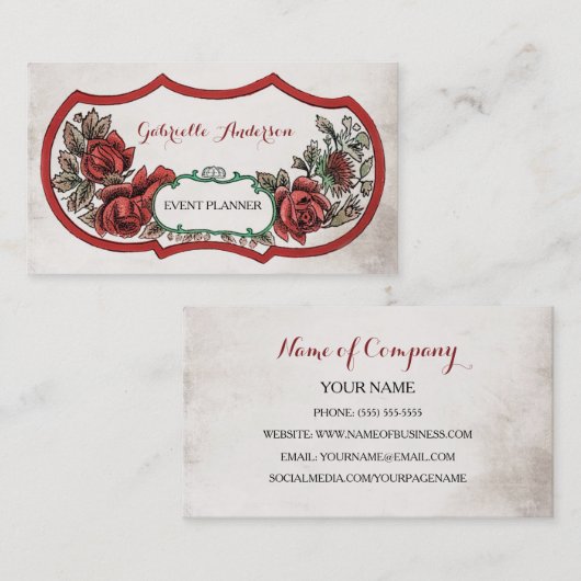 イベントプランナーエレガントヴィンテージレッドローズフローラ 名刺 (正面/裏面)