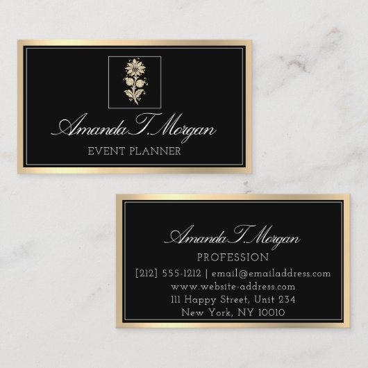 イベントプランナー結婚金ゴールドフラワーフレームブラック 名刺 (正面/裏面)