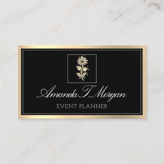 イベントプランナー結婚金ゴールドフラワーフレームブラック 名刺 (正面)