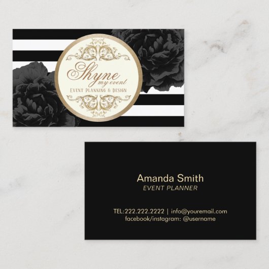 イベント計画ブラックフローラストライプ 名刺 (正面/裏面)
